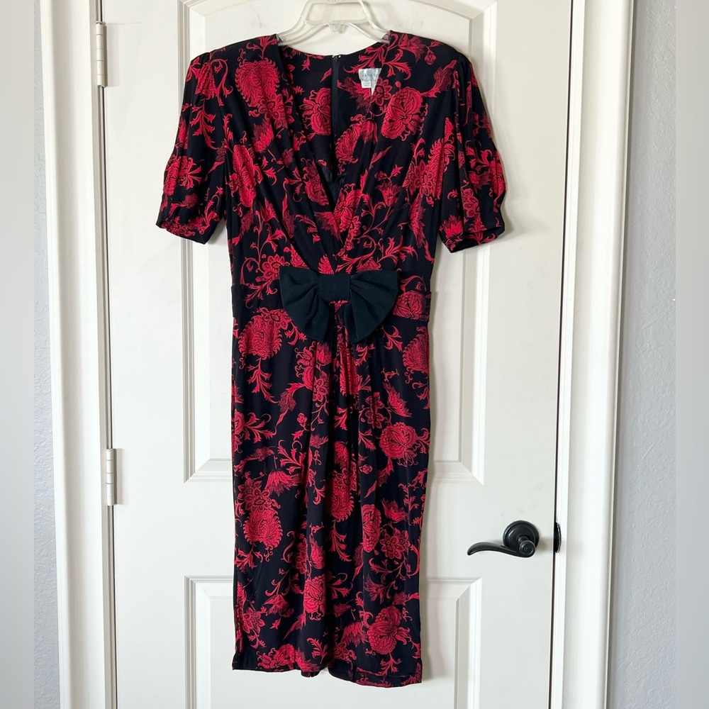 Vintage 80s Jane Singer Red & Black Floral Midi Dress, V-Neck Bow Waist, Size 12